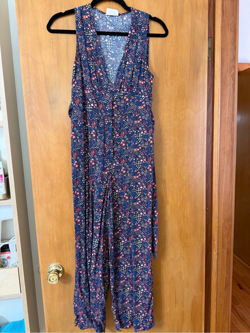 Marine Layer Navy Sleeveless Midi Romoer with Pink Floral Print